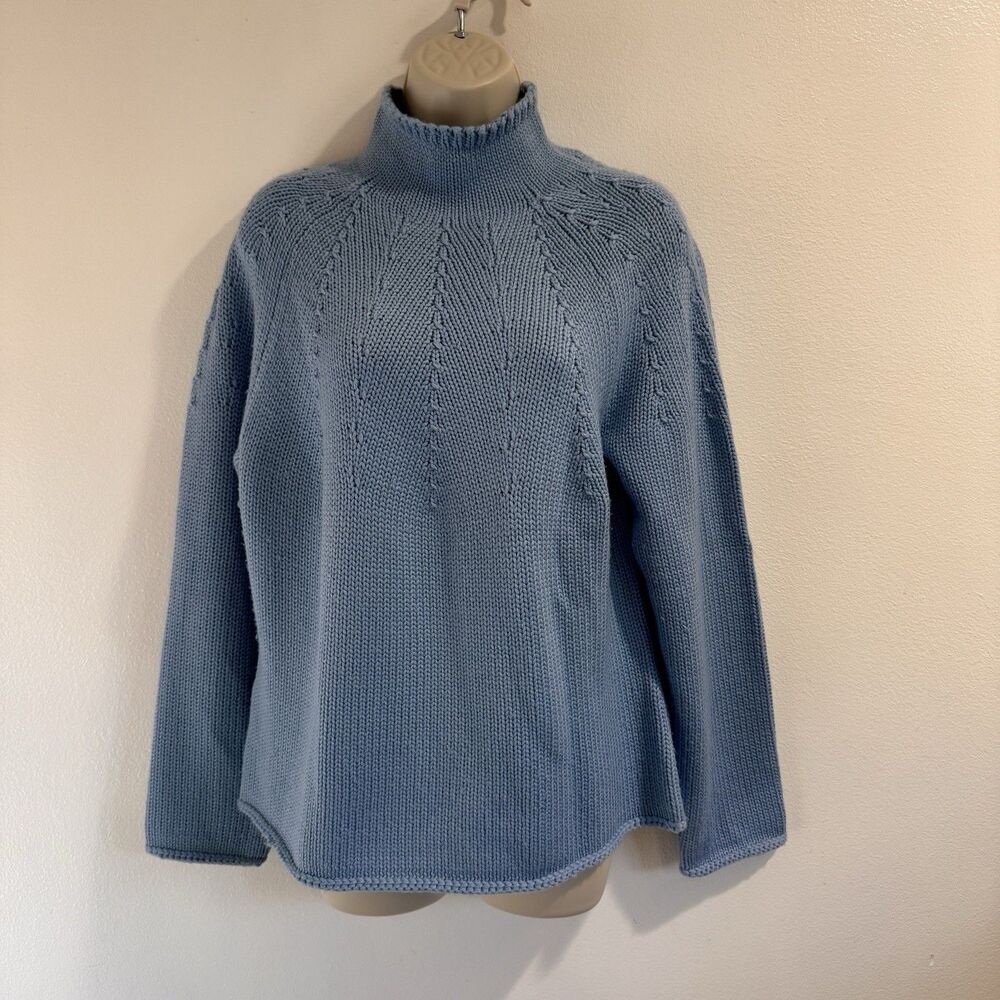 Talbots Sweater XL 100% Wool Mock Neck Blue Chunky Knit Pullover Classic Preppy